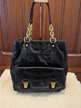 Coach 17924 Poppy Camelia Black Leather Pushlock Tote